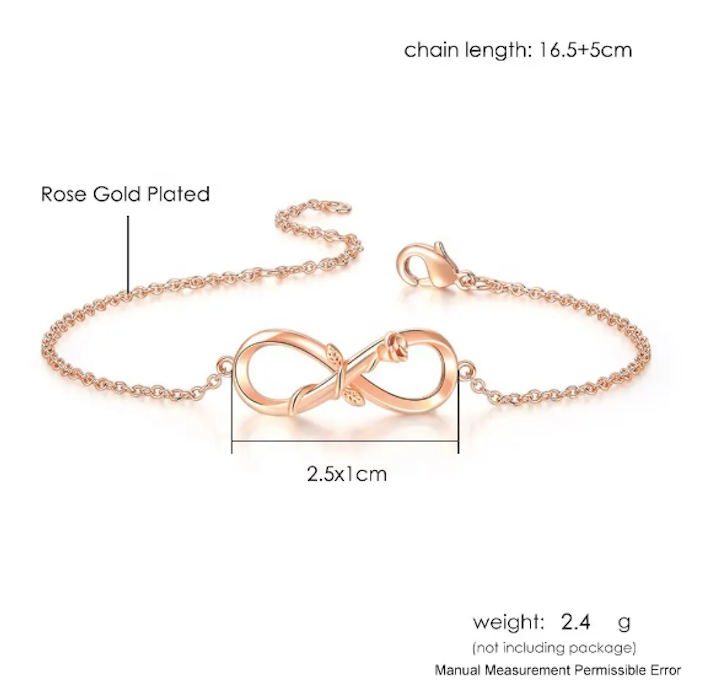 Rose Gold Plated Designer Infinity Shape Cubic Zirconia CZ Adjustable Chain Bracelet