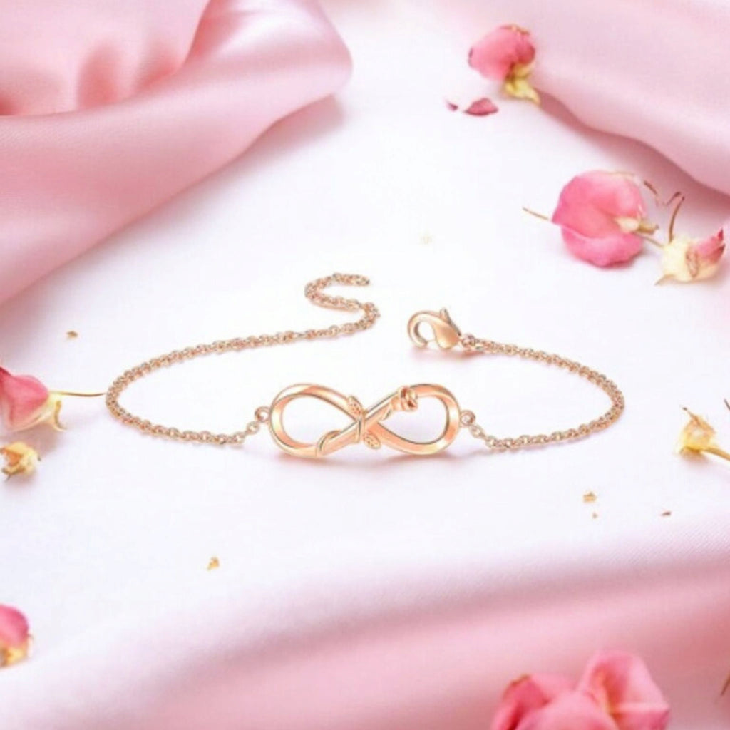 Rose Gold Plated Designer Infinity Shape Cubic Zirconia CZ Adjustable Chain Bracelet