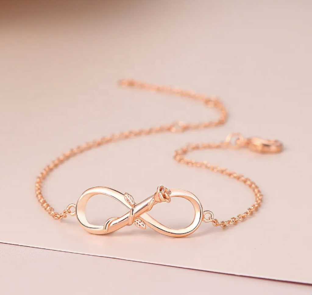 Rose Gold Plated Designer Infinity Shape Cubic Zirconia CZ Adjustable Chain Bracelet