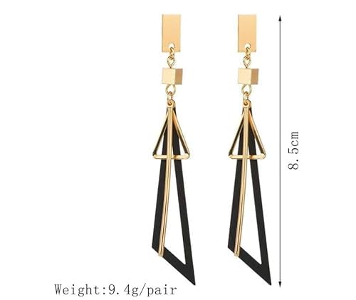 Gold Plated Geometric Triangle Long Tassel Drop Earrings for Women and Girls, Copper Triangular Drop Golden Danglers with Metal Chain (Combo)