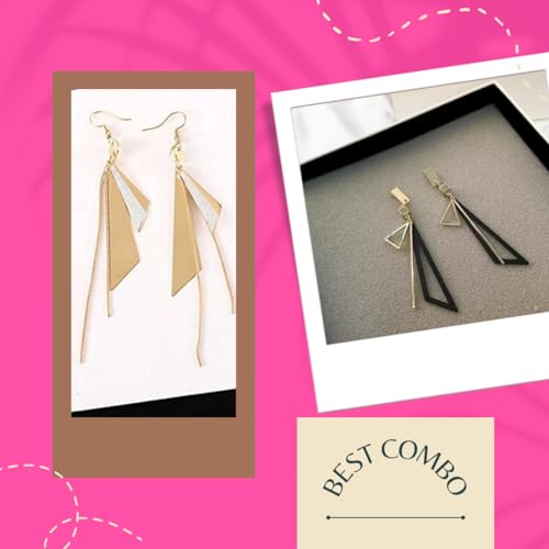 Gold Plated Geometric Triangle Long Tassel Drop Earrings for Women and Girls, Copper Triangular Drop Golden Danglers with Metal Chain (Combo)