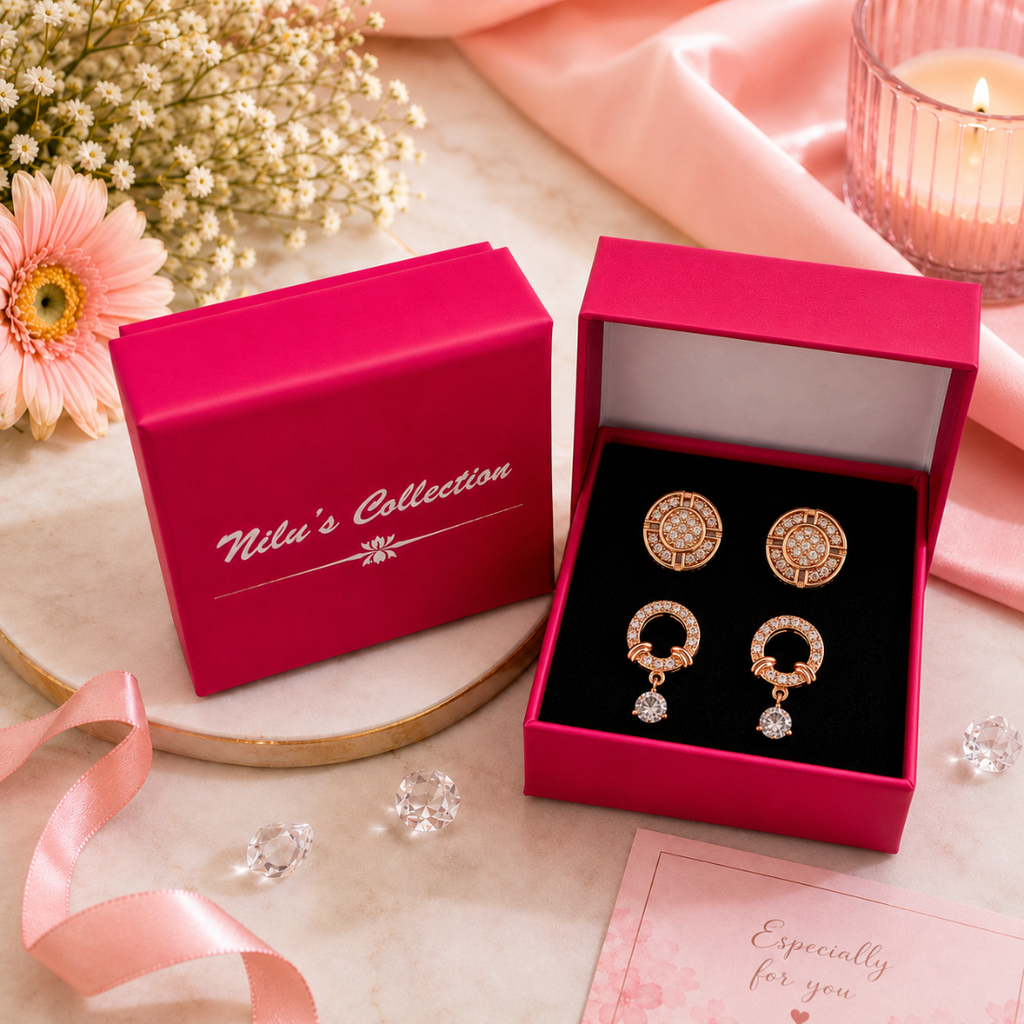 Gentle Glow Value Set| Rose Gold Plated Earrings With American Diamond For Women & Girls