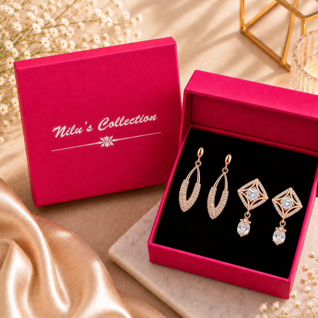 Subtle Duo Value Set| Rose Gold Plated Stud Earring, Pendant and Tennis Bracelet Set For Women And Girls