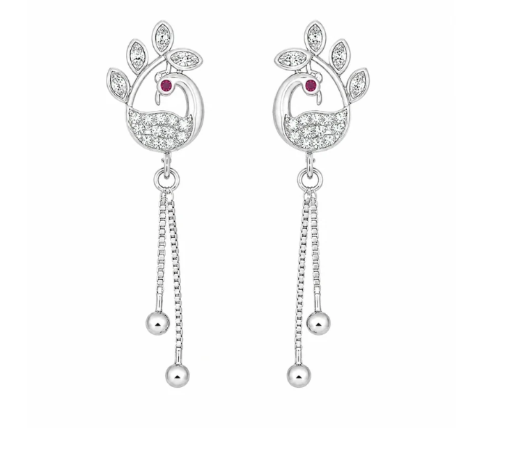 Rose Gold Plated Long Earrings, American Diamond Studded Lightweight Danglers Drop Earrings for Women and Girls (peacock)