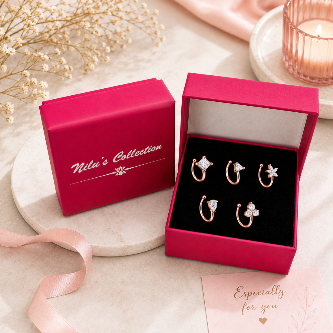 Rose Gold American Diamond Non Piercing Nose Pin Set for Women