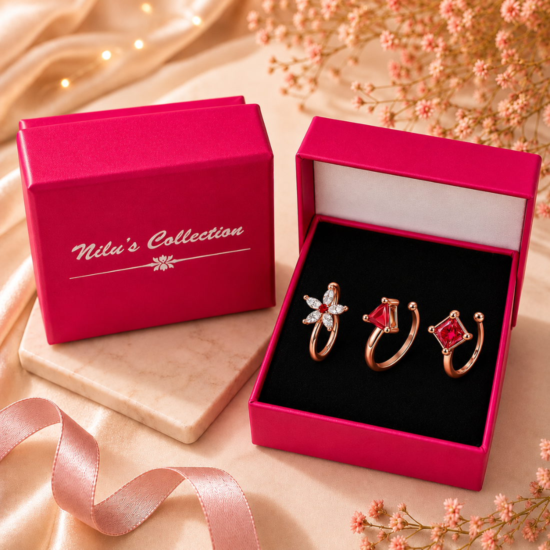Rose Gold Red Stone Non Piercing Nose Pin Set for Women