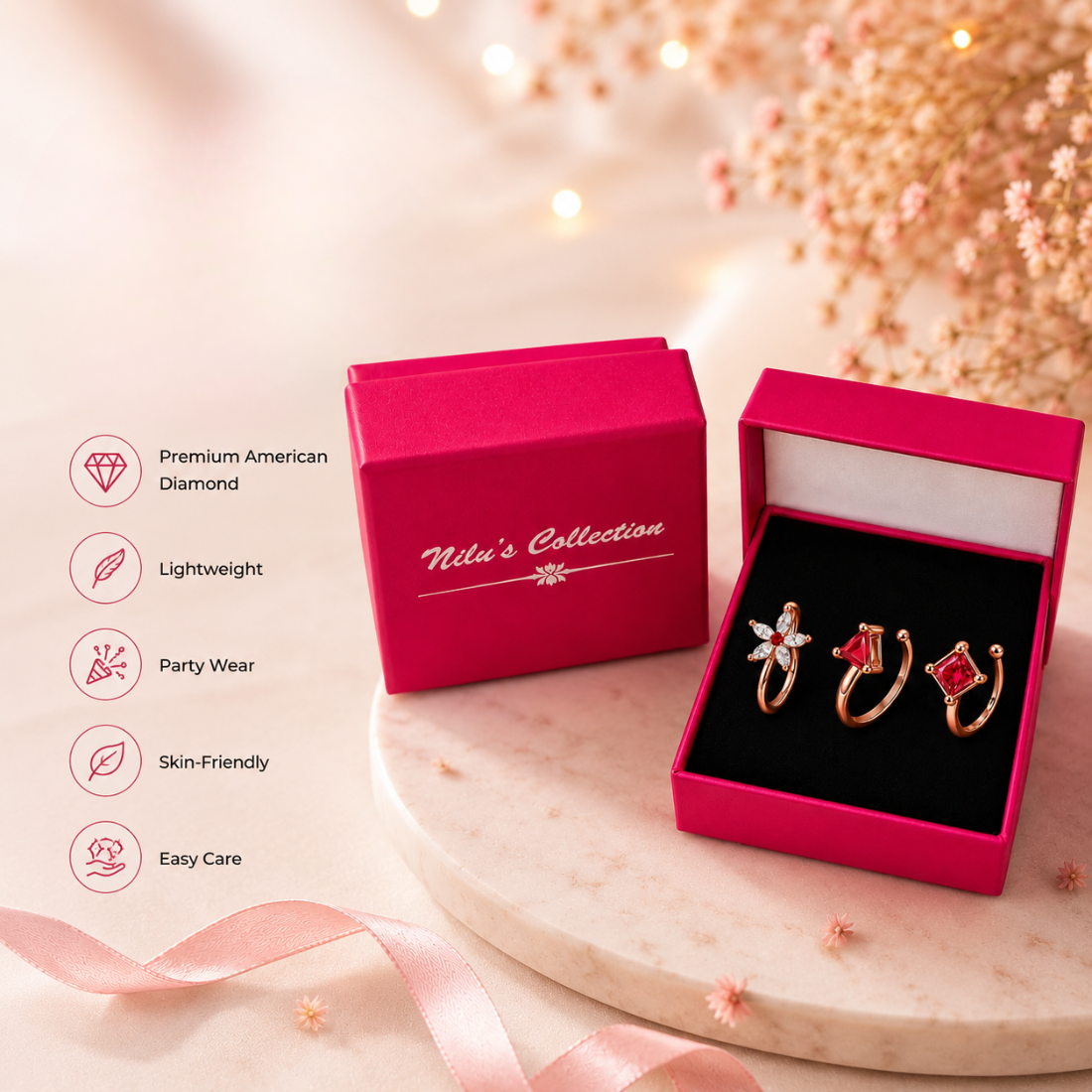 Rose Gold Red Stone Non Piercing Nose Pin Set for Women