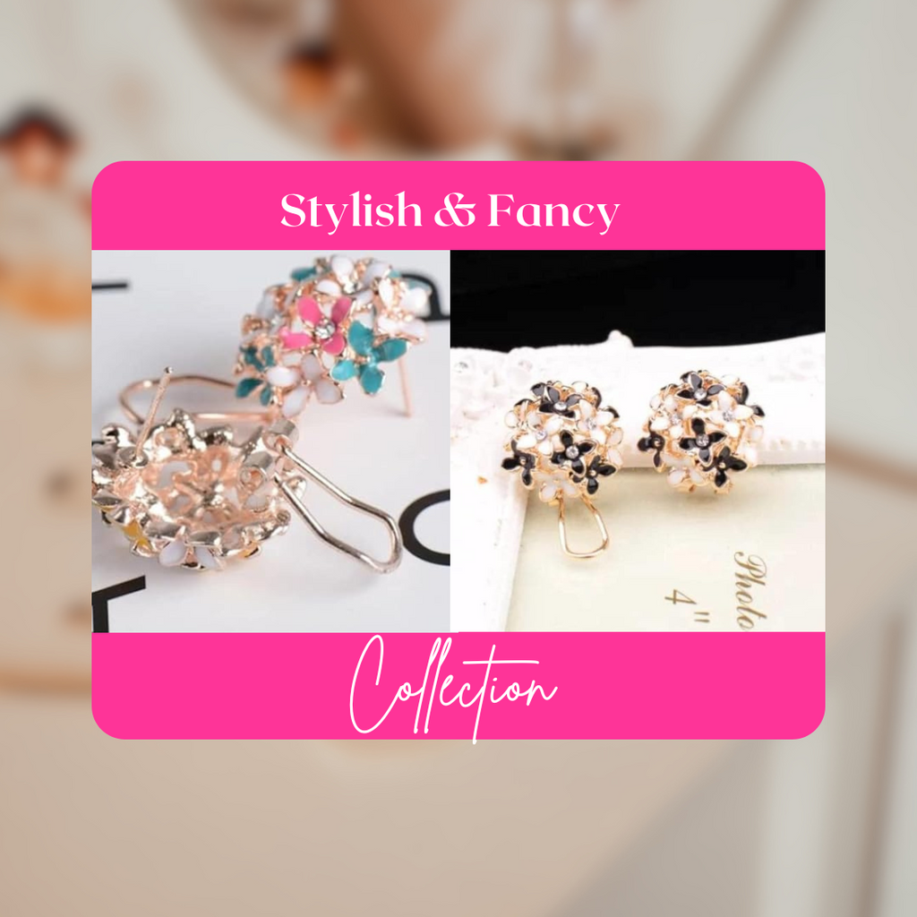 Crystal Flower Clover Stud Earrings for Women and Girl (Black & White and Multicolour)