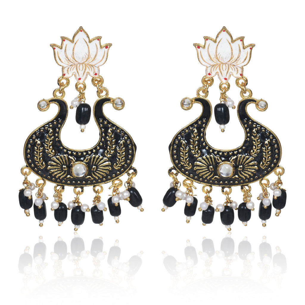 Ethnic Designer Black Floral Brass Jhumka