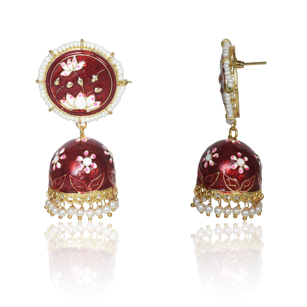 Meenakari Traditional Lotus Engraved Jhumki Earring, Dome Shaped Jhumka Earrings with Pearl Beads for Girls and Women