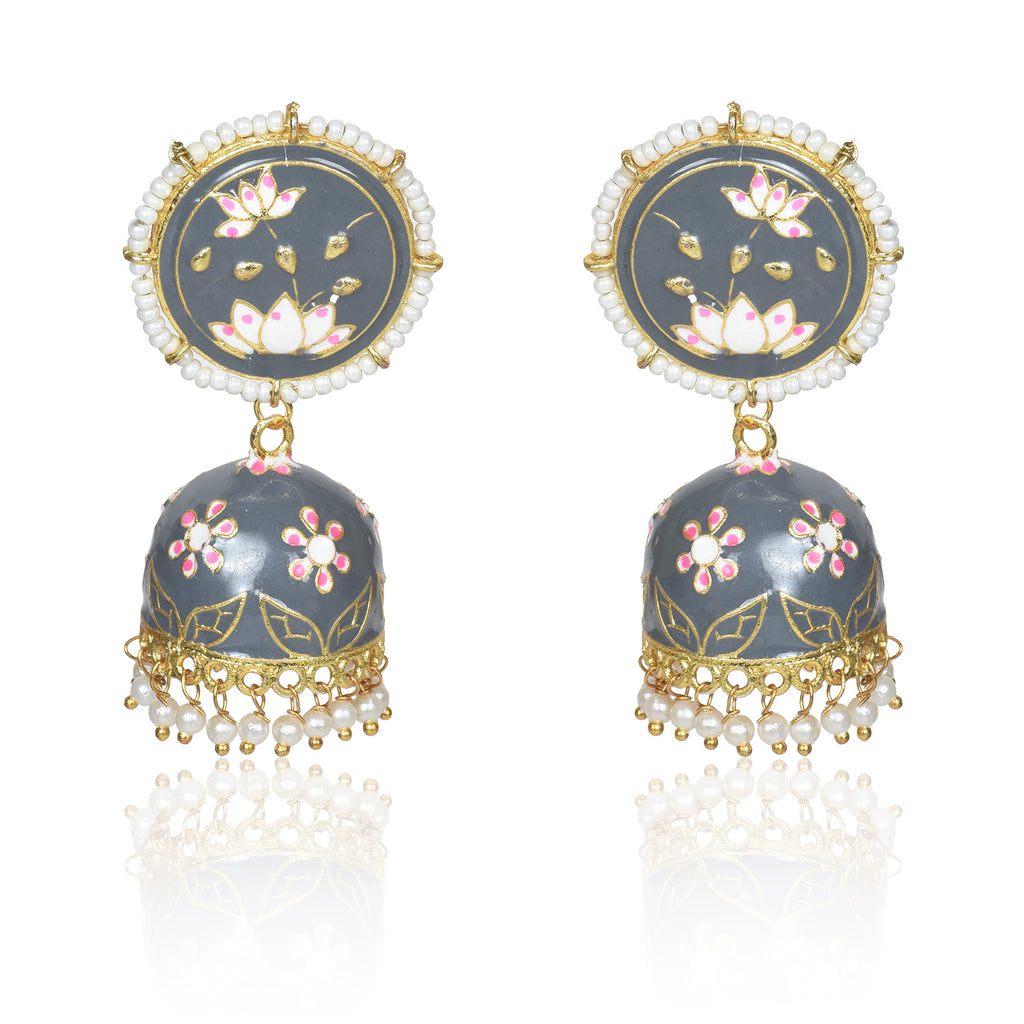 Meenakari Traditional Lotus Engraved Jhumki Earring, Dome Shaped Jhumka Earrings with Pearl Beads for Girls and Women