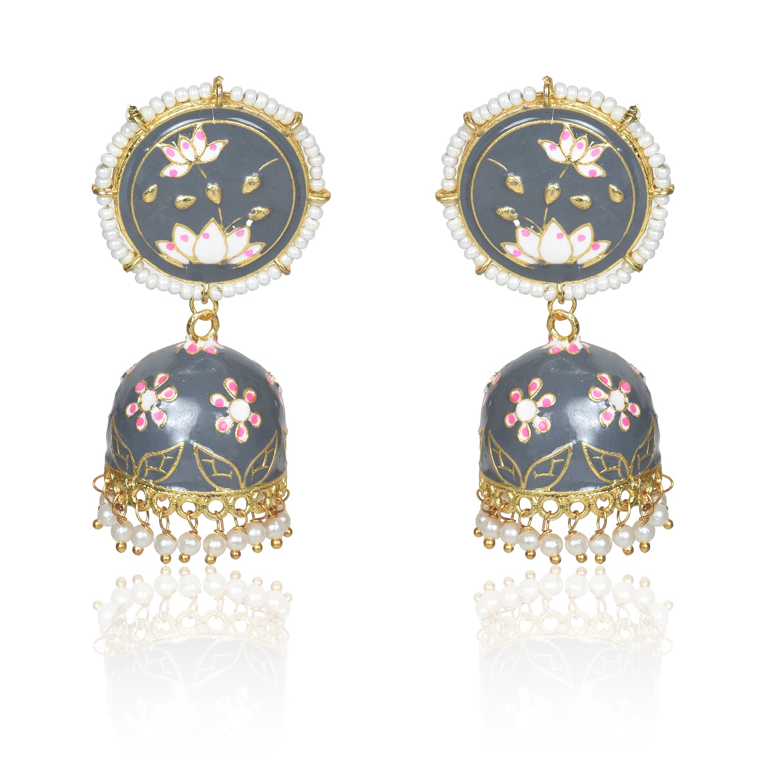 Meenakari Traditional Lotus Engraved Jhumki Earring, Dome Shaped Jhumka Earrings with Pearl Beads for Girls and Women