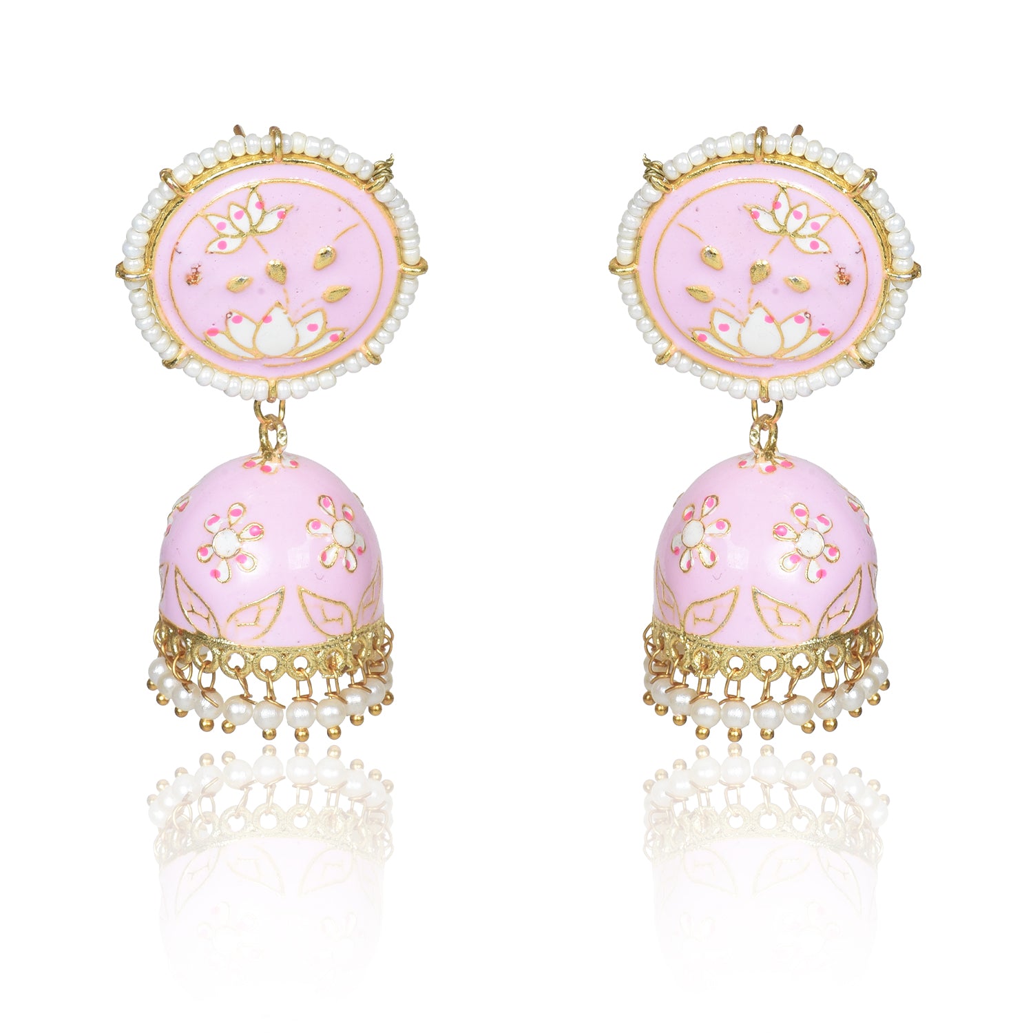 Meenakari Traditional Lotus Engraved Jhumki Earring, Dome Shaped Jhumka Earrings with Pearl Beads for Girls and Women