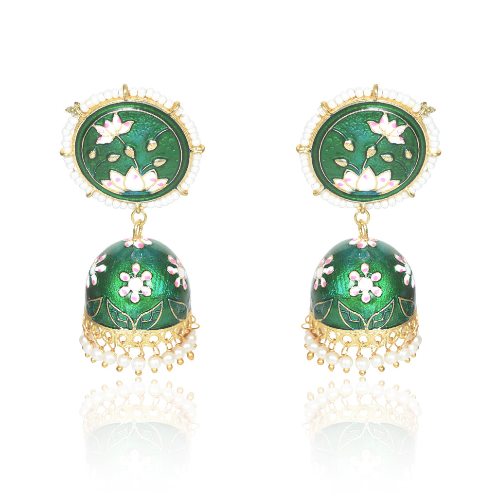 Meenakari Traditional Lotus Engraved Jhumki Earring, Dome Shaped Jhumka Earrings with Pearl Beads for Girls and Women