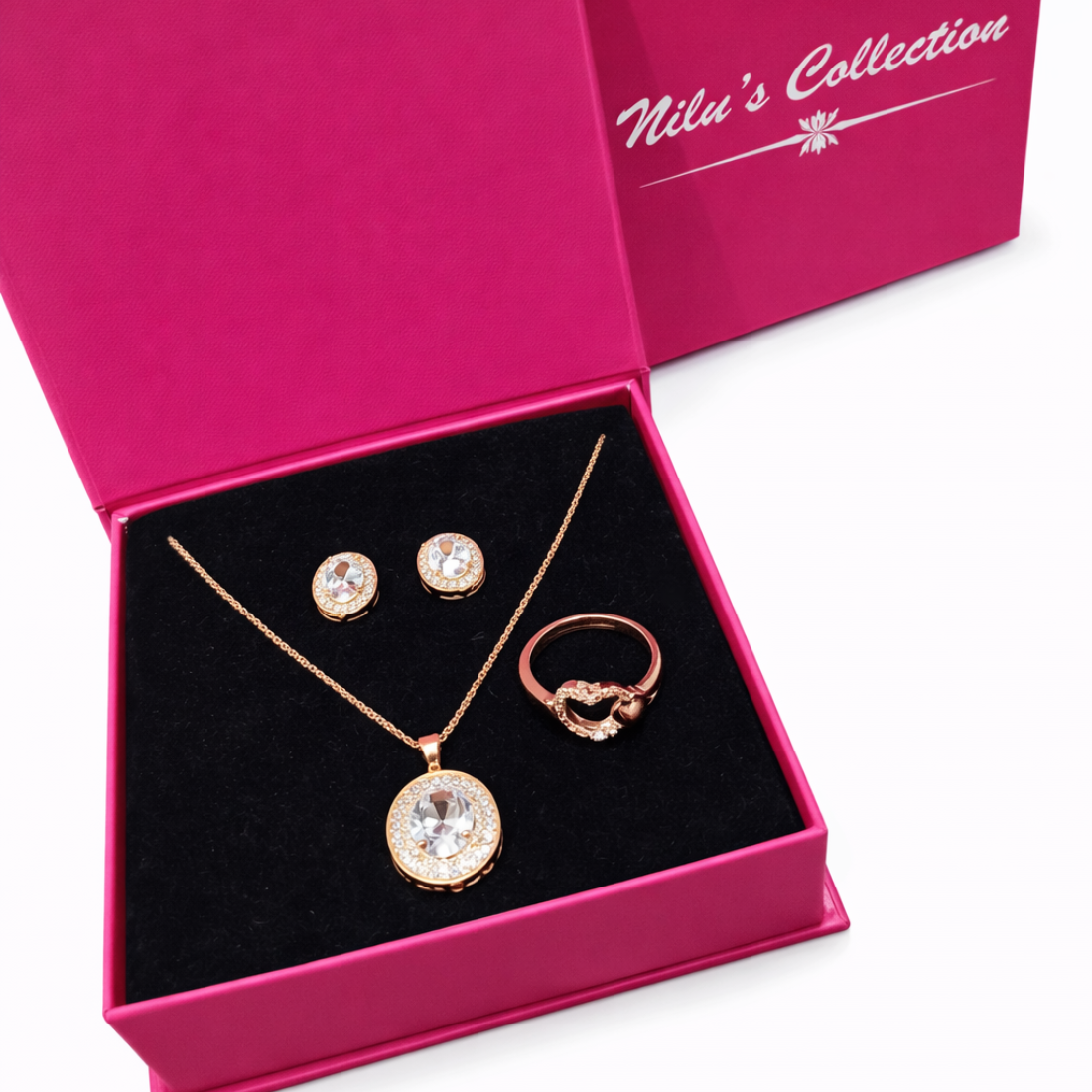Gift Rose Gold PLated Necklace Set With Adjustable Ring  For Women And Girls