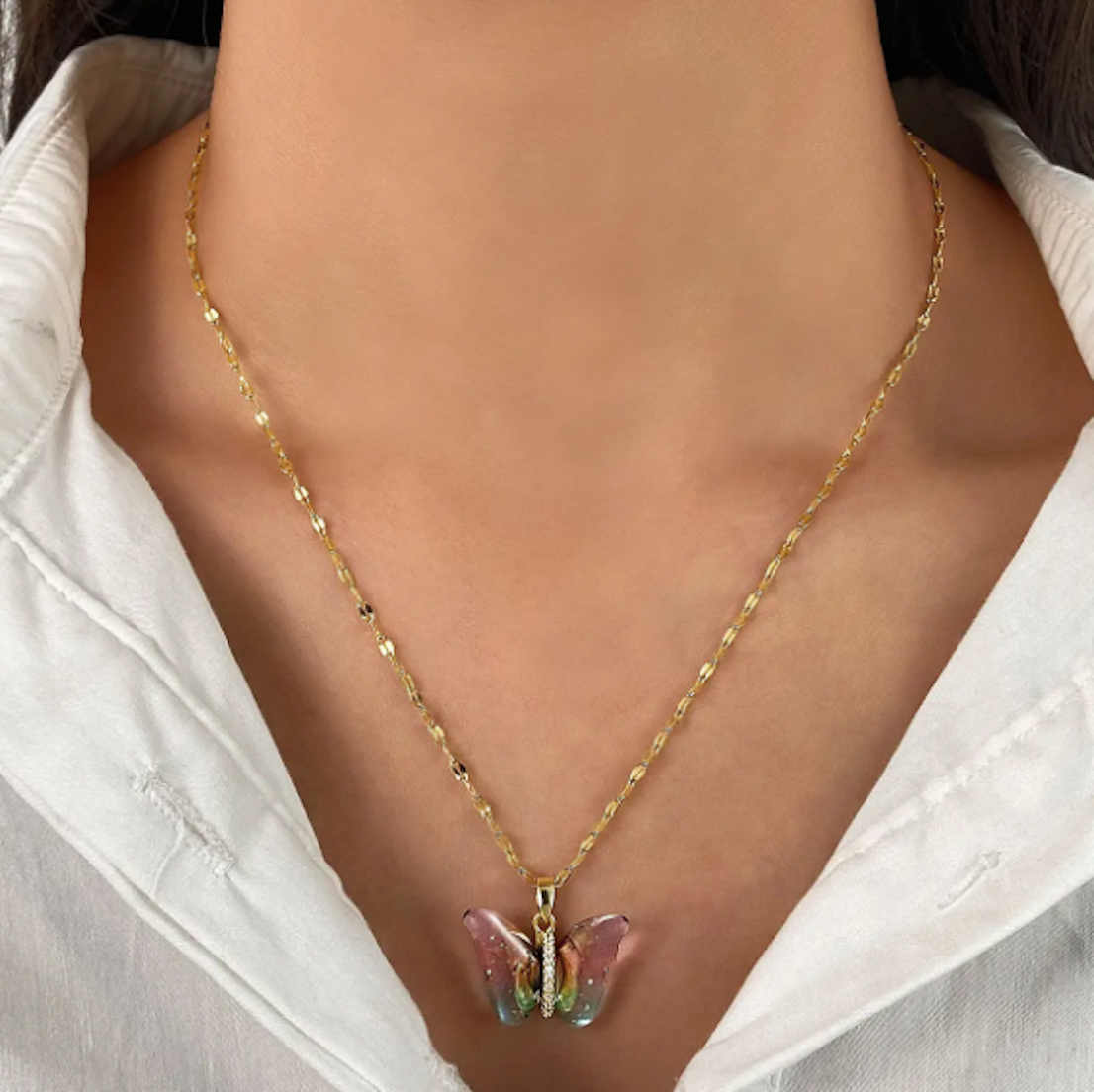Elegant Gold Plated Butterfly Pendant with Link Chain, Cubic Zircon Pendant Chain Necklace for Women & Girls (Gold)