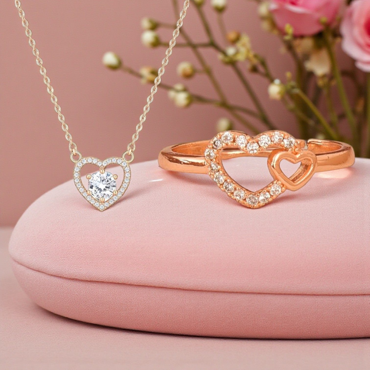 Foever Love Value Set| Rose Gold Plated Heart Pendant and Ring With American Diamond for Women & Girls