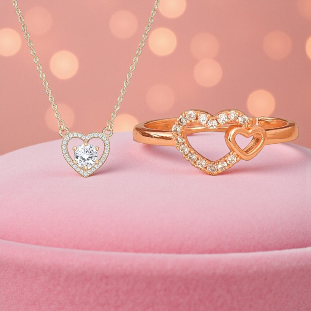 Foever Love Value Set| Rose Gold Plated Heart Pendant and Ring With American Diamond for Women & Girls