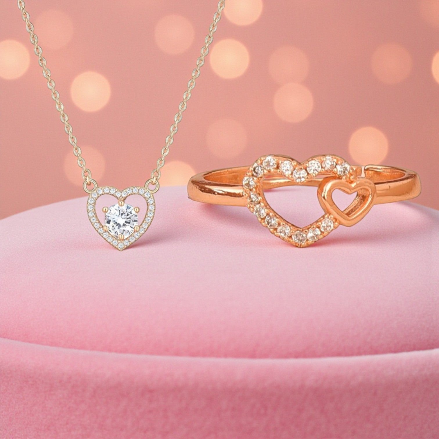 Foever Love Value Set| Rose Gold Plated Heart Pendant and Ring With American Diamond for Women & Girls