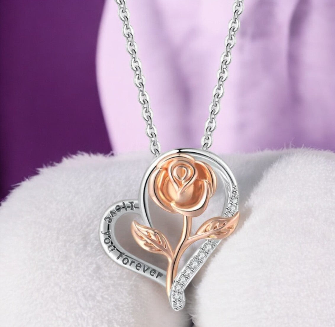 Stylish Silver Plated CZ Chain Pendent Set for Women, Heart Shaped Pendant with Rose Design (Silver & Rose Gold)
