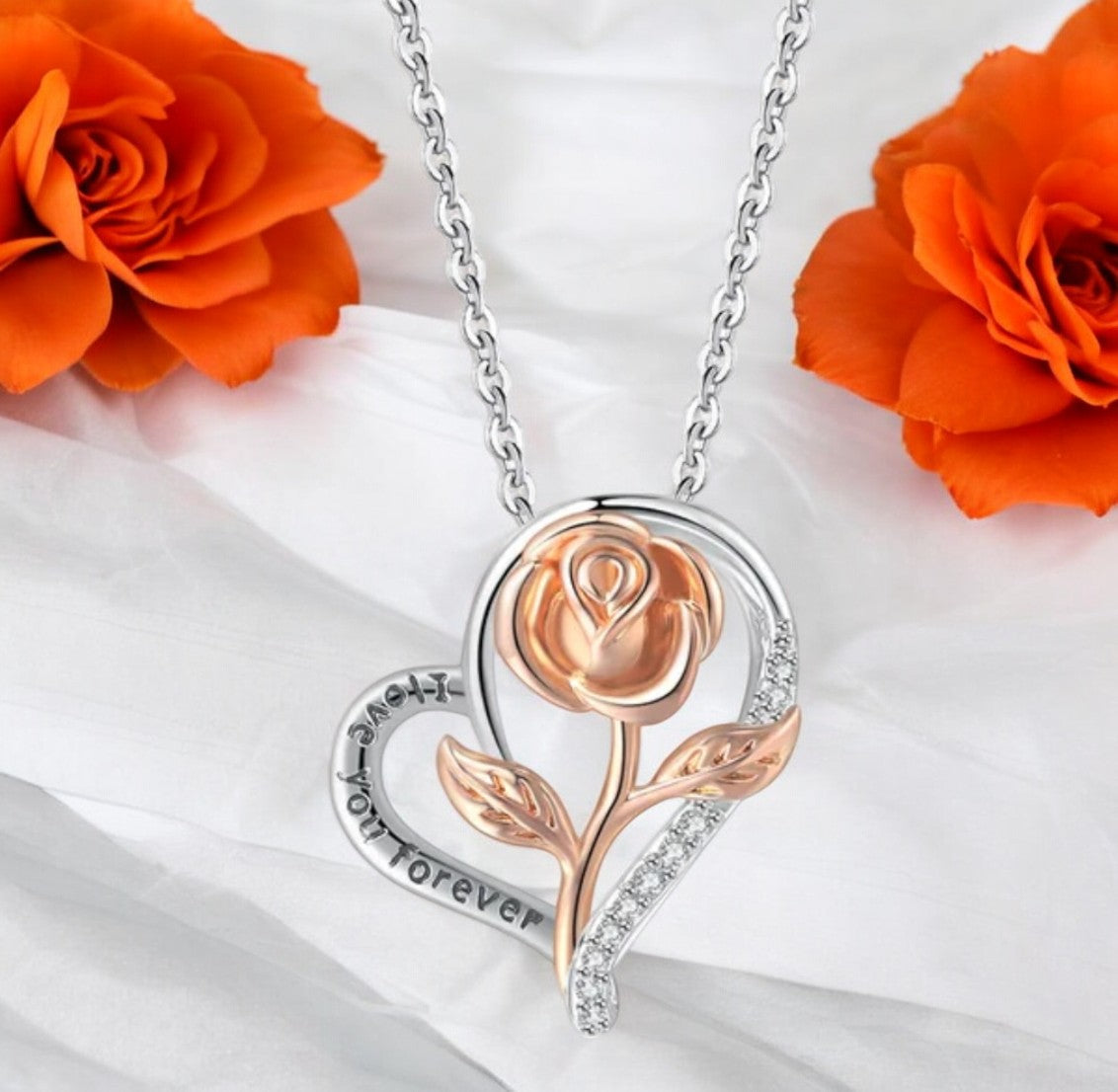 Stylish Silver Plated CZ Chain Pendent Set for Women, Heart Shaped Pendant with Rose Design (Silver & Rose Gold)