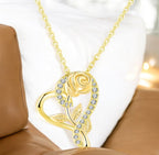 Stylish Gold Plated CZ Chain Pendent Set for Women, Heart Shaped Pendant with Rose Design (Gold)