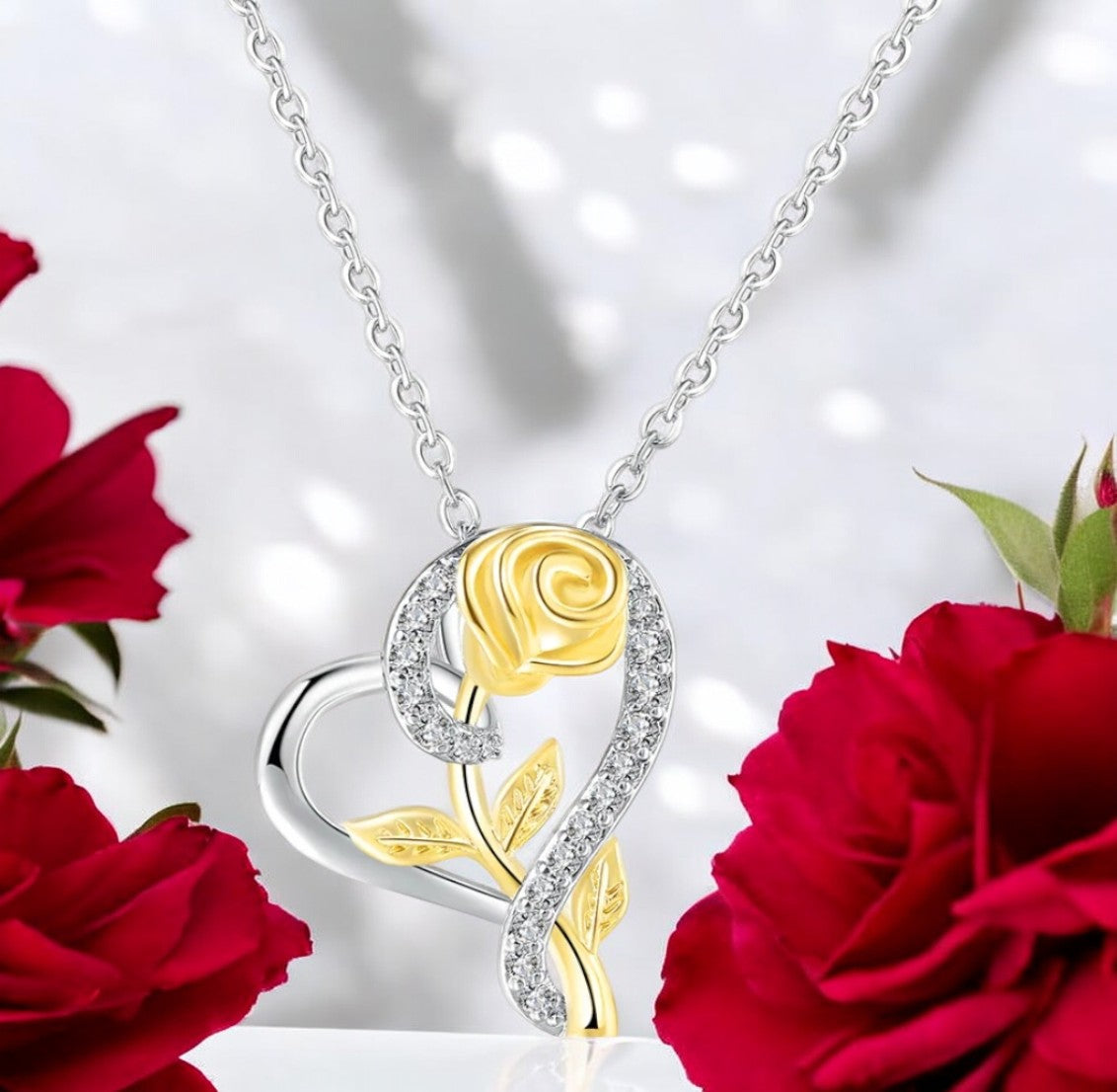 Stylish Silver Plated CZ Chain Pendent Set for Women, Heart Shaped Pendant with Rose Design (Silver & Gold)