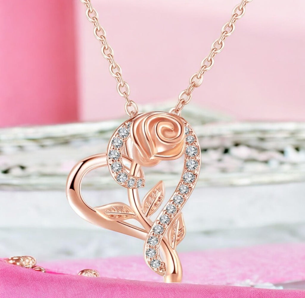 Stylish Rose gold plated CZ heart pendant with chain, Love Shaped necklace with Rose Design, Gift for her (Rose Gold)