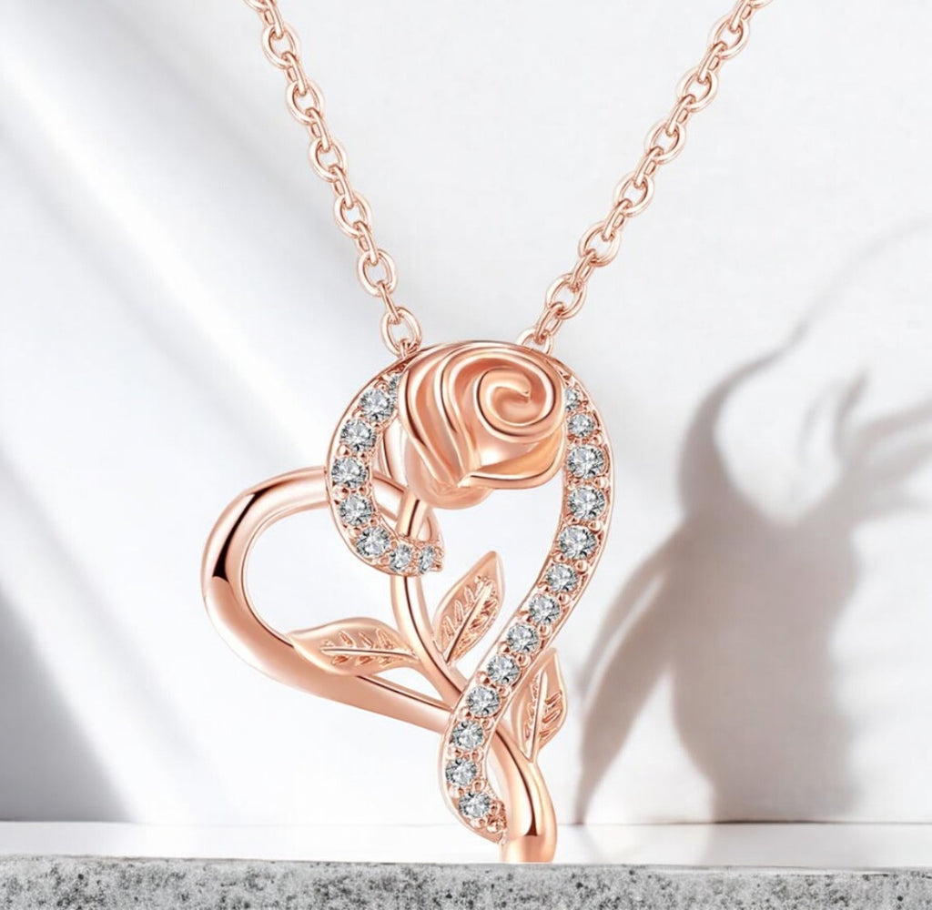 Stylish Rose gold plated CZ heart pendant with chain, Love Shaped necklace with Rose Design, Gift for her (Rose Gold)
