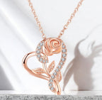 Stylish Rose gold plated CZ heart pendant with chain, Love Shaped necklace with Rose Design, Gift for her (Rose Gold)