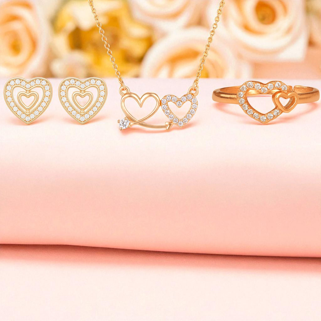 Harmony Hues Valentine Special Rose Gold Plated Heart Shaped Jewellery Value Set For Women And Girls | Pendant | Earrings | Ring