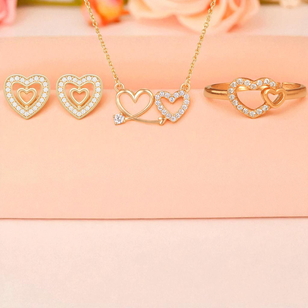 Harmony Hues Valentine Special Rose Gold Plated Heart Shaped Jewellery Value Set For Women And Girls | Pendant | Earrings | Ring