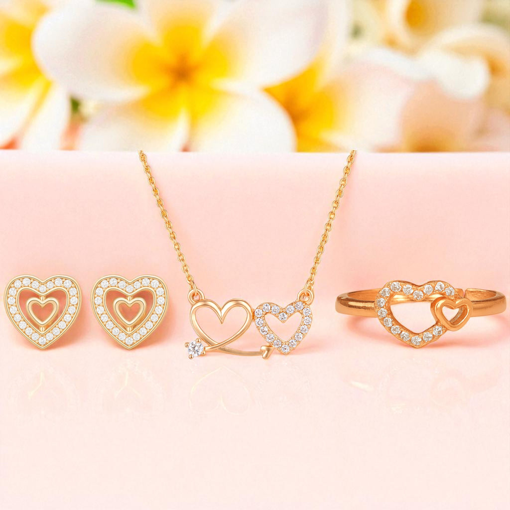 Harmony Hues Valentine Special Rose Gold Plated Heart Shaped Jewellery Value Set For Women And Girls | Pendant | Earrings | Ring