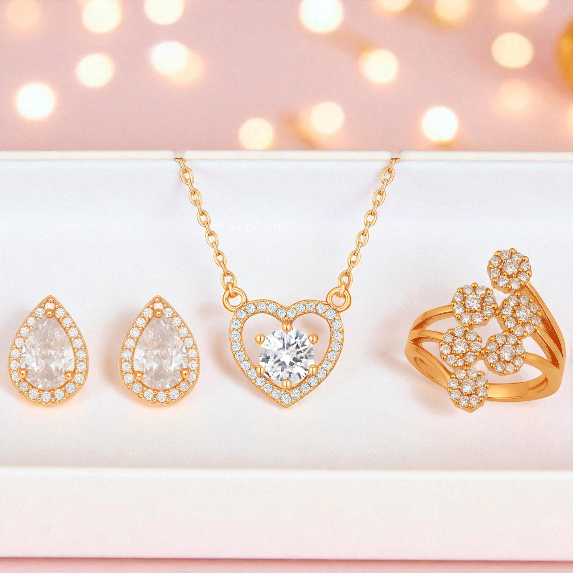 Harmony Hues Value Set Rose Gold Plated American Diamond Jewellery Set for Girls| Earrings, Pendant and Ring
