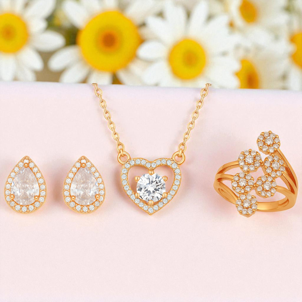 Harmony Hues Value Set Rose Gold Plated American Diamond Jewellery Set for Girls| Earrings, Pendant and Ring