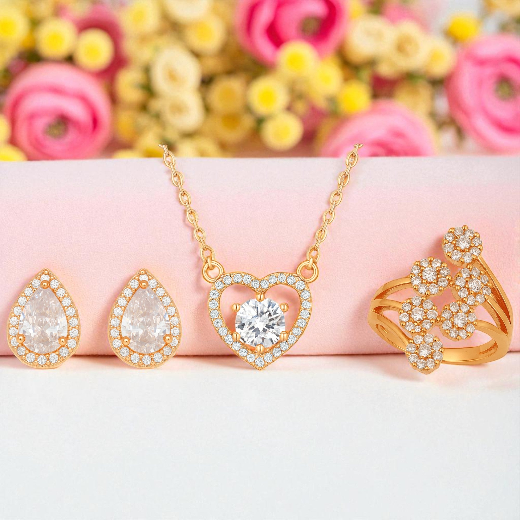 Harmony Hues Value Set Rose Gold Plated American Diamond Jewellery Set for Girls| Earrings, Pendant and Ring