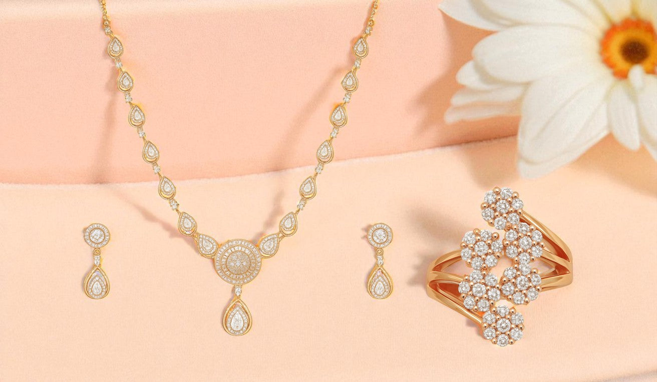 Gift Rose Gold Plated Necklace set and Ring With American Diamond For Women And Girls