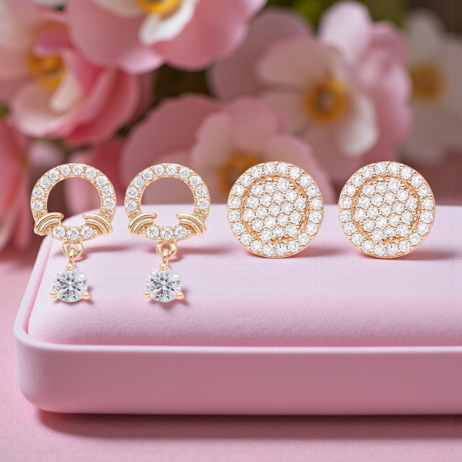 Gentle Glow Value Set| Rose Gold Plated Stud & Drop Earrings With American Diamond For Women & Girls