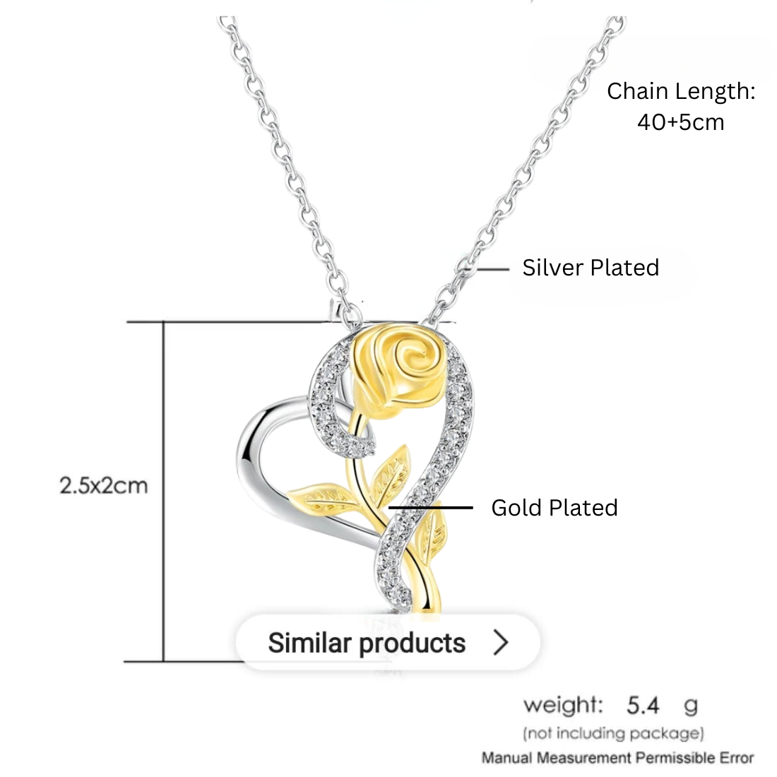 Stylish Silver Plated CZ Chain Pendent Set for Women, Heart Shaped Pendant with Rose Design (Silver & Gold)