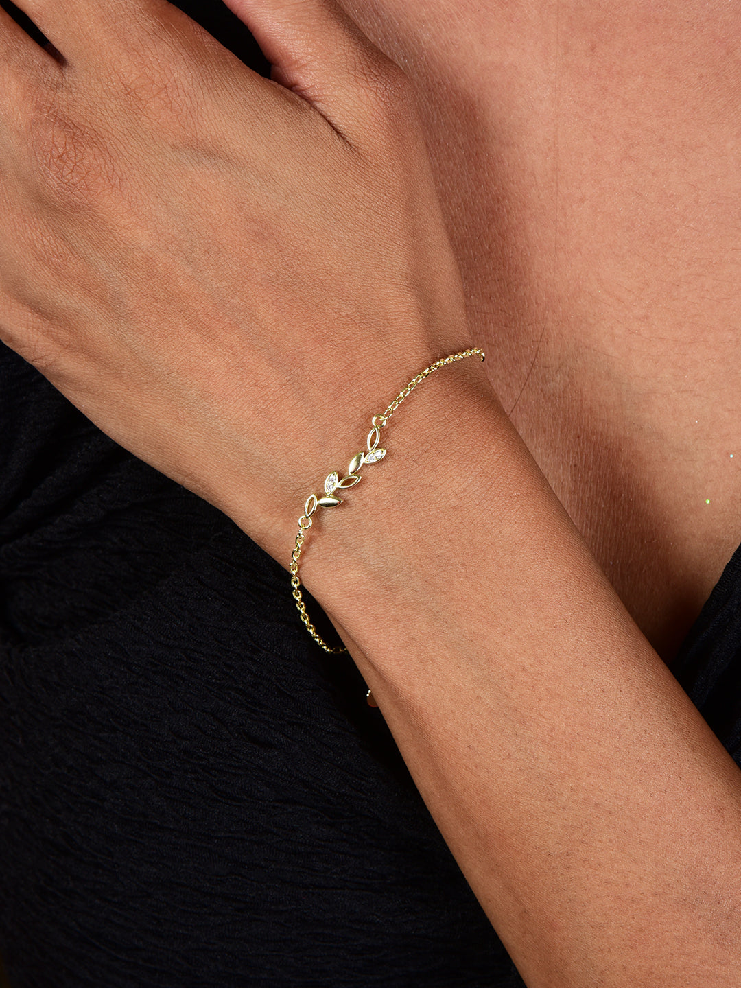 Rose Gold Plated Adjustable Leaf Charm Crystal Bracelet for Women & Girls