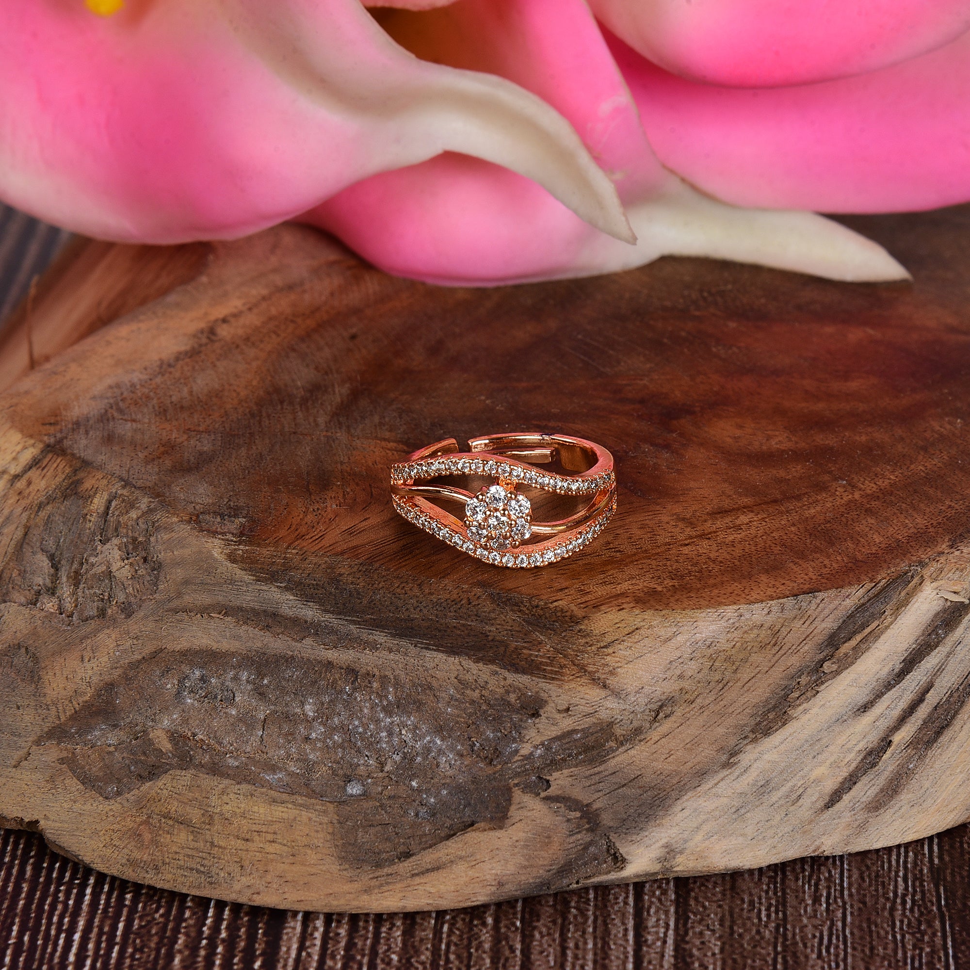 Rose Gold Plated | Adjustable| American Diamond Studded | Finger Ring for Women and Girls, Style 1