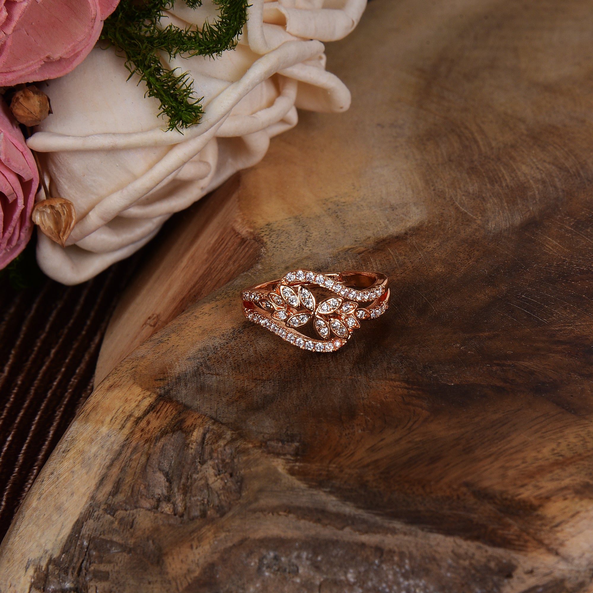 Rose Gold Plated | American Diamond Studded | Adjustable | Finger Ring for Women and Girls, Style 4