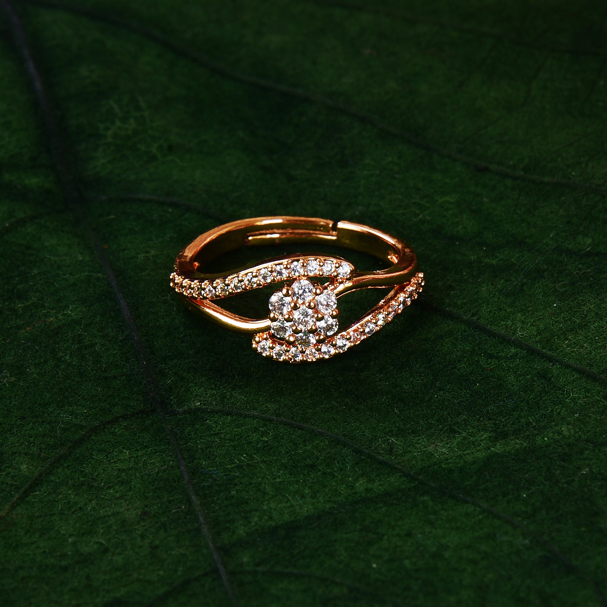 Rose Gold Plated | American Diamond Studded | Adjustable | Ring for Women and Girls