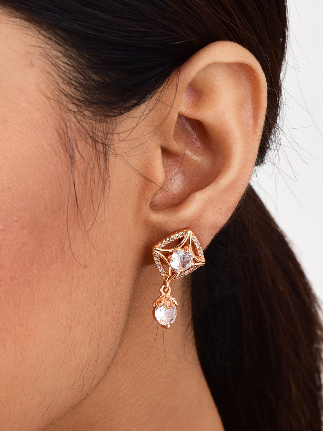 18k Rose Gold Plated American Diamond Stone Drop Earrings, Stylish Women & Girls Earrings