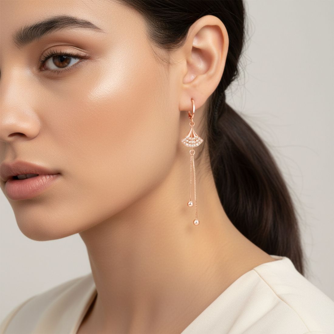 Rose Gold Long Earrings, American Diamond Studded Lightweight Danglers Drop Earrings for Women and Girls (Geometric)