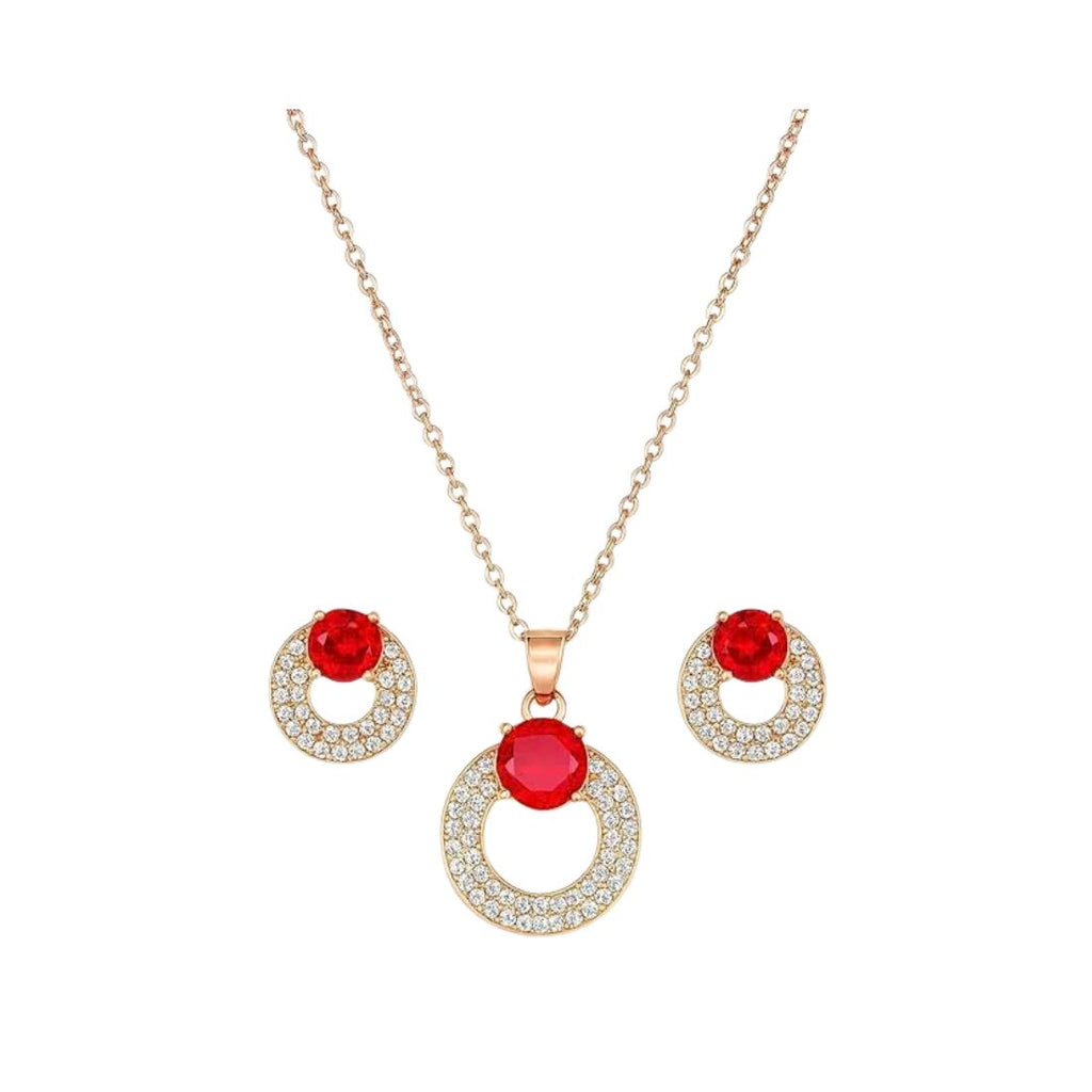 Rose Gold Plated Red Ruby Stone Pendant Necklace and Earring Set for Women and Girls