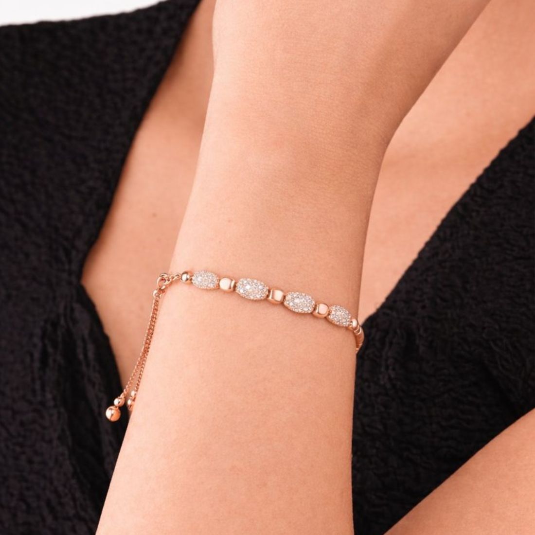 Rose Gold Plated American Diamond Adjustable Bracelet Oval Design Slider Chain for Women And Girls