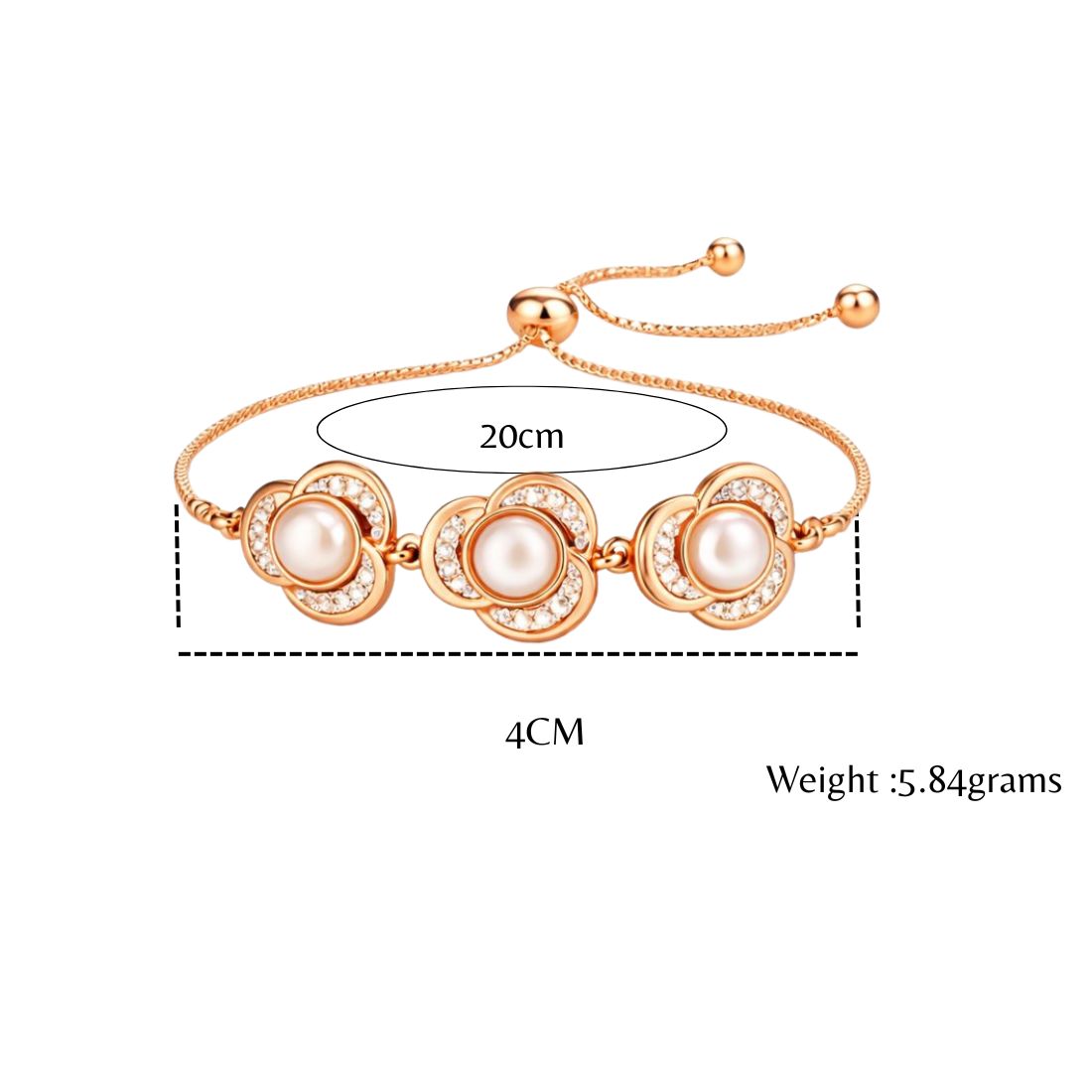 Rose Gold Plated Floral Pearl Bracelet with American Diamonds Adjustable Bracelet for Women And Girls