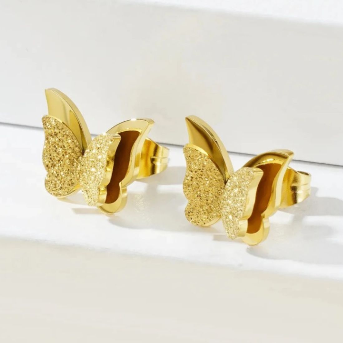 Charming Dual Butterfly Stainless Steel Rhinestone Stud Earrings for Baby Girls, Girls and Women