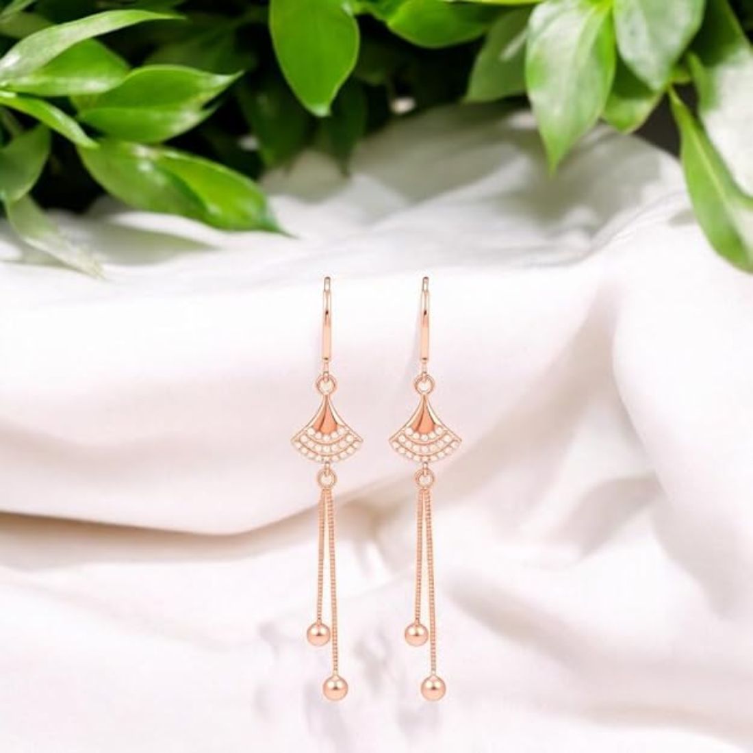 Rose Gold Long Earrings, American Diamond Studded Lightweight Danglers Drop Earrings for Women and Girls (Geometric)